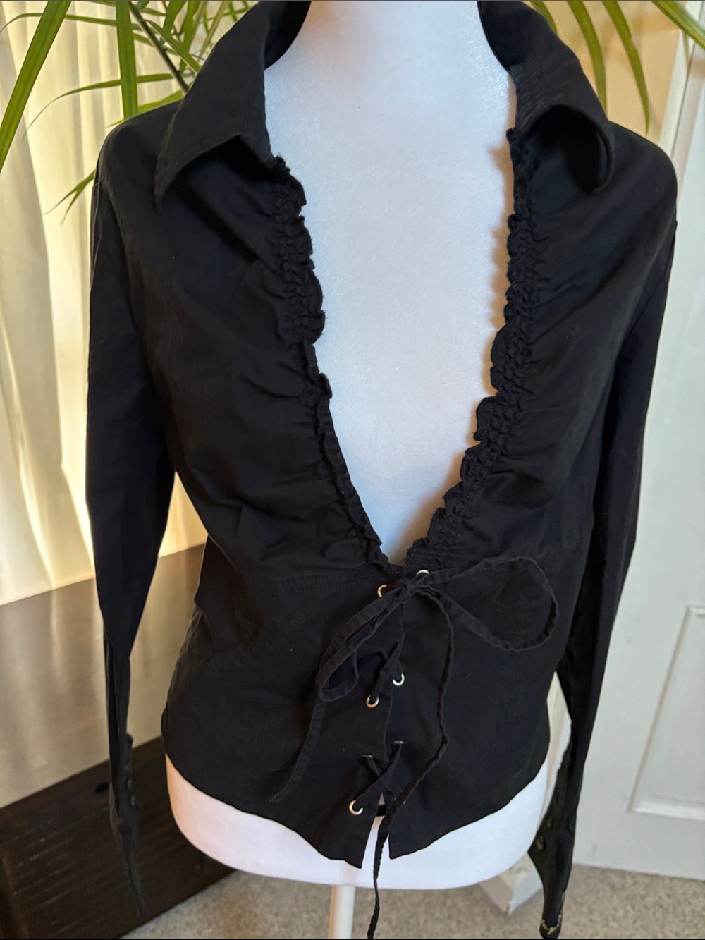 Harley-Davidson Black Ruffle Lace-Up Button Front Blouse